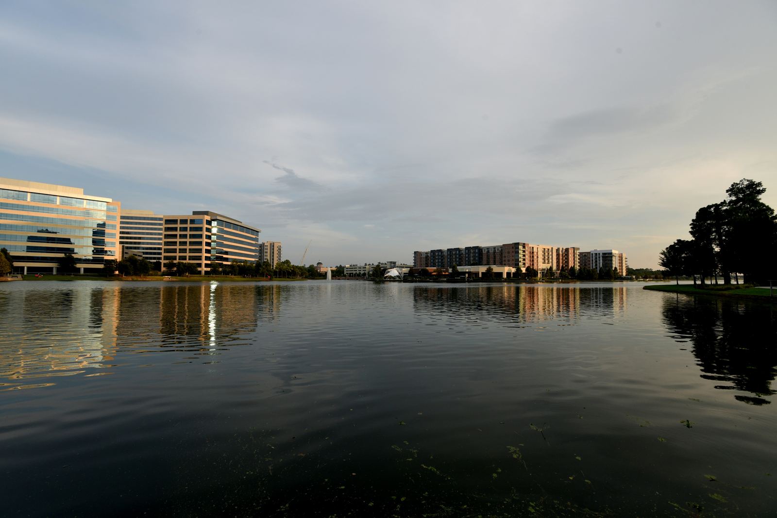 Le lac Woodlands et les immeubles de Town Center
